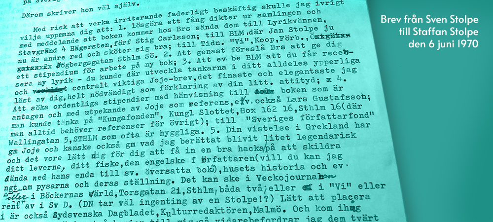 Brev från Sven Stolpe till Staffan Stolpe den 6 juni 1970