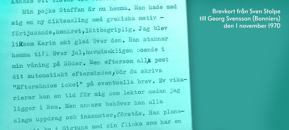 Brevkort från Sven Stolpe till Georg Svensson (Bonniers) den 1 november 1970