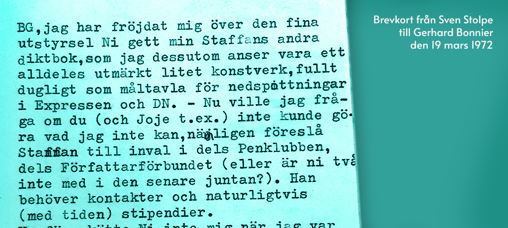 Brevkort från Sven Stolpe till Gerhard Bonnier den 19 mars 1972